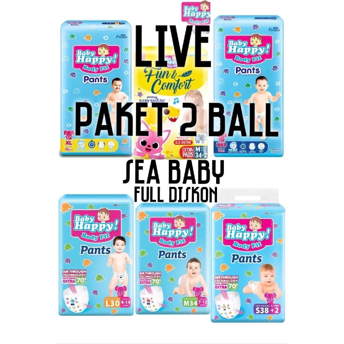 PAKET 2 BALL Baby Happy Pants S38+2,M32,L28,XL26,XXL24 Popok Bayi Celana Diapers Laki laki Perempuan SEA BABY SHOP