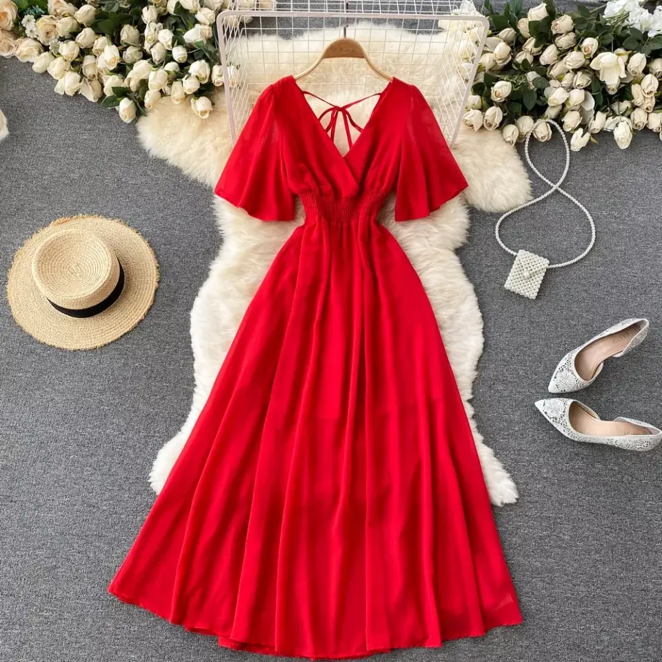 Maxi dress kondangan party pesta wanita V neck lengan butterfly balon tali belakang smock pinggang bahan sifon chiffon ceruti S M L XL JUMBO