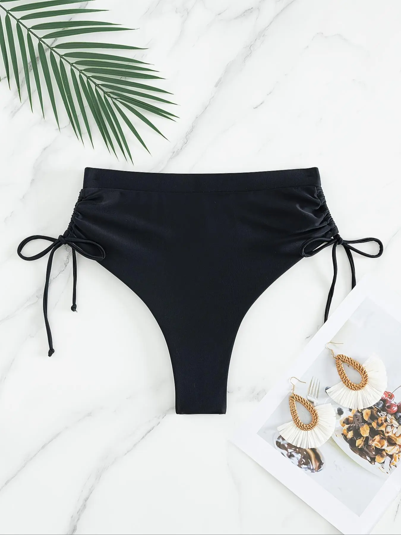 Women's Ruched Drawstring Side High Cut Swim Thong, Solid Color Swimwear Bottoms, Ladies Swimwear for Summer Beach Holiday Vacation