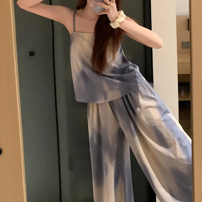 Bộ Đồ Ngủ Dây Đeo Có Đệm Phong Cách Trung Quốc Cho Nữ, Bộ Sưu Tập Mùa Hè, Quần Dài Mực Cao Cấp, Thích Hợp Mặc Nhà, Hàng Mới Về Năm 2024 Cạp Cao Áo 0