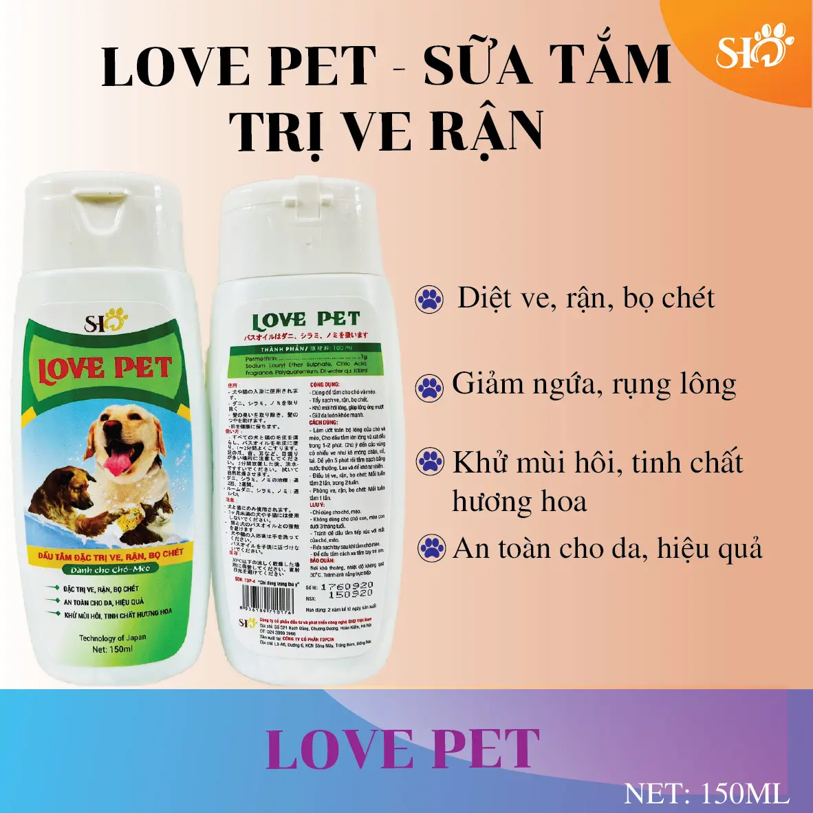 SHD Sữa Tắm Chó Mèo Tị Ve Ghẻ, Bọ Chét, Rận Tai 150ml SHD