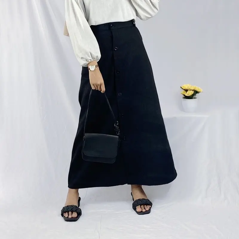 Casual Button Skrit Rok Panjang Mode Kancing terbaru dan kekinian Polos Belakang Karet Wanita A-Line Polos 4