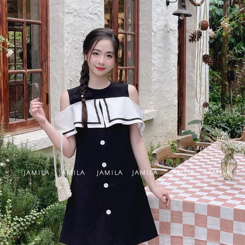 Donna dress váy hở vai basic tone màu đen trắng