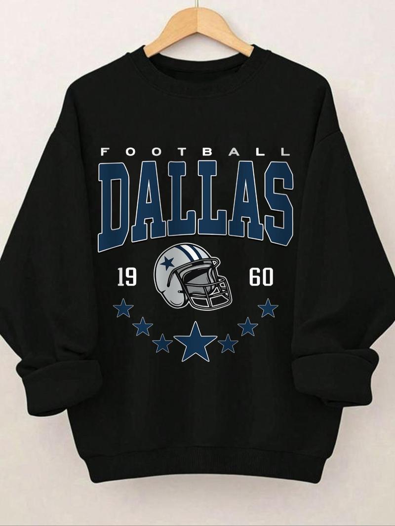 Product Introduction of Women's Vintage Dallas Football Crew Neck Sweatshirt, Casual Letter & Star Print Long Sleeve Pullover for Fall & Winter, Women's Clothes for Daily Wear 3