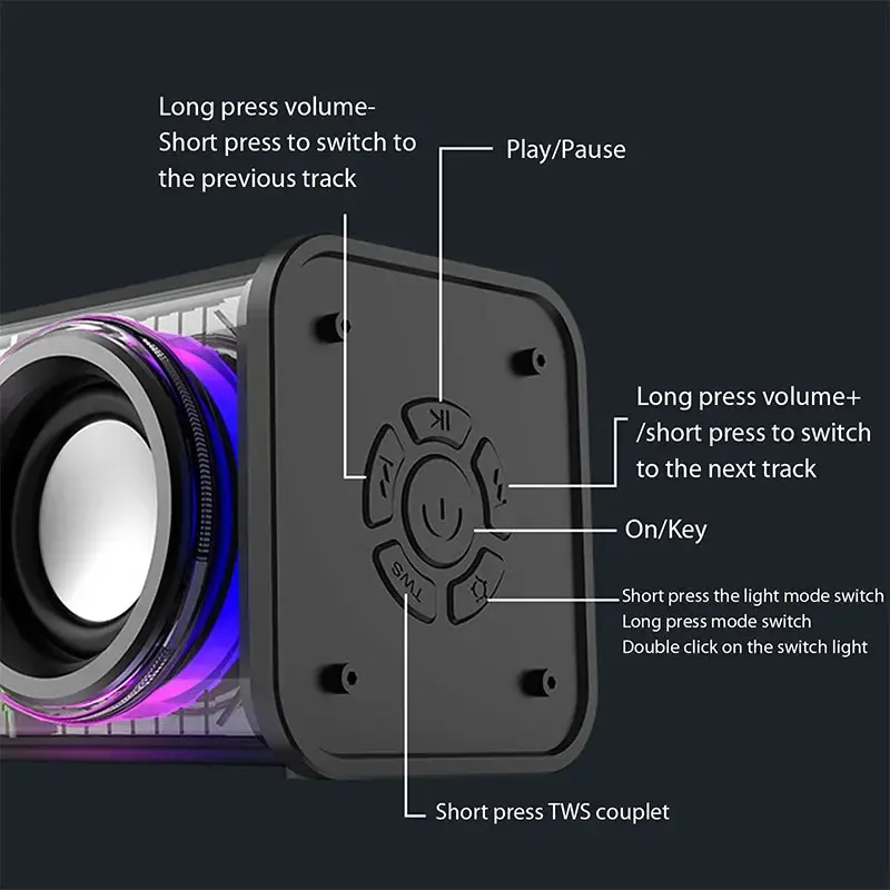 Loa Mecha Trong Suốt, V8, Bluetooth 5.0, Không Dây, Bass Đôi, Loa Siêu Trầm Màng Loa, Âm Nhạc TWS, Đèn RGB, Loa Tiệc Mini 4