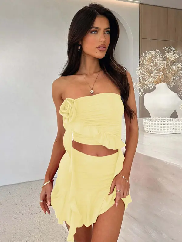 Women's Tube Top & Skirt Two-piece Set, Fashion Casual Strapless Top & Skirt for Daily Outdoor Wear, Ladies Clothes for All Seasons 0