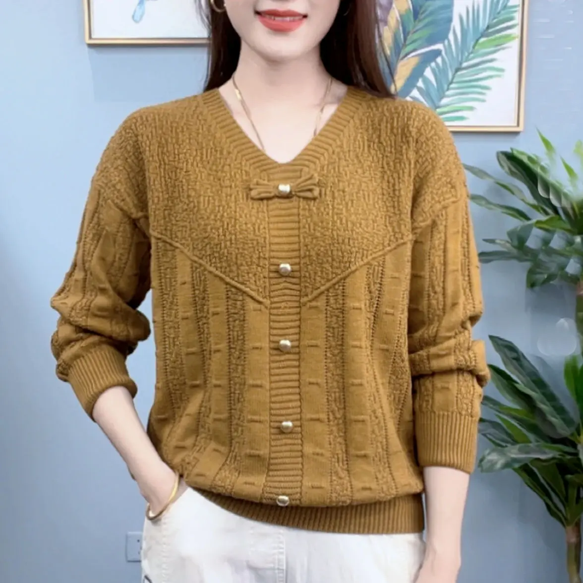 Đồ Len Dài Tay, Thiết Kế Thanh Lịch, Dễ Phối Đồ Mùa Thu, Hàng Mới Về, Dáng Rộng Rãi Và Dáng Rộng, Phong Cách Phương Tây, Áo Len Cho Mẹ, Dệt Kim Nữ Women Top Khuy