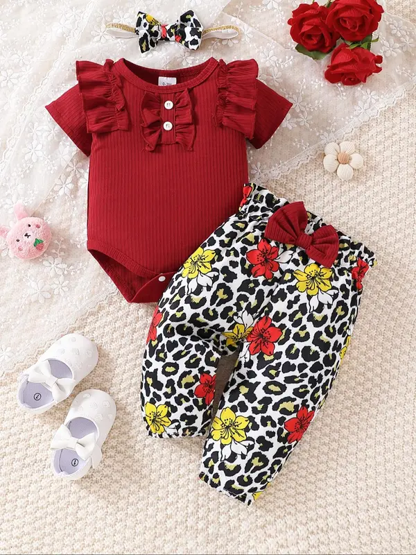 Toddler Girl's Solid Ribbed Bodysuit & Flower Print Pants & Bow Decor Hair Band Set, Cute Three-piece Outfits for Infant Toddler Kids, Newborn Baby Girls Gifts, Clothes, Clothing 0