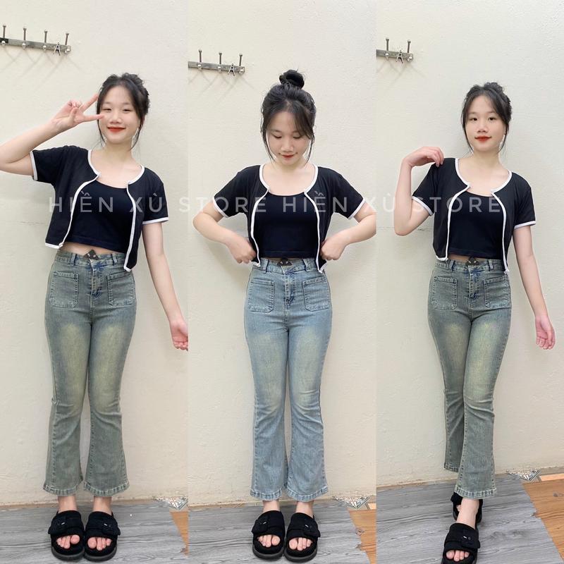 90cm nấm lùn Quần jeans loe màu xanh bụi và xanh bạc cạp cao co dãn