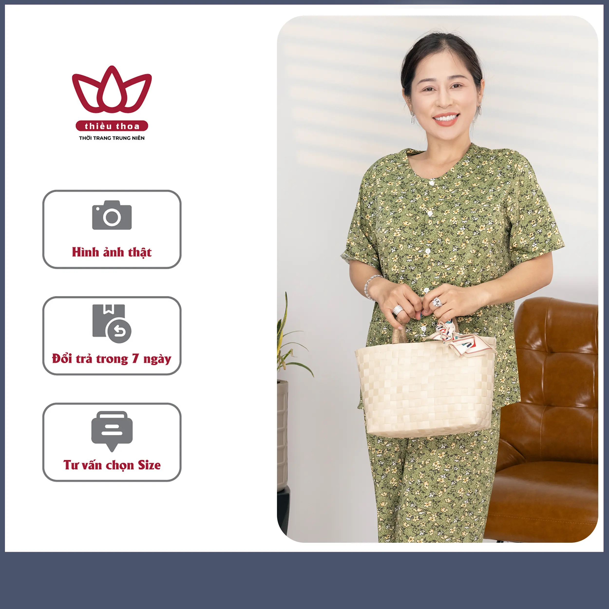 Đồ bộ trung niên cho ngoại, bộ đồ mặc ở nhà THUN COTTON LẠNH đi chơi ngủ sang trọng quý phái Áo Top Ong lưng mặc Loang Women