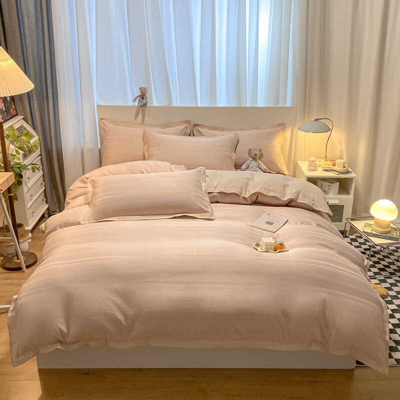 Product Introduction of 4 IN 1 Waffle Crochet Design Bedding Nordic Simplicity Pure Bed Set Quilt Cover Flat Sheet Fitted Sheet Pillowcase Single Queen King Size Camel Color Beddings 29