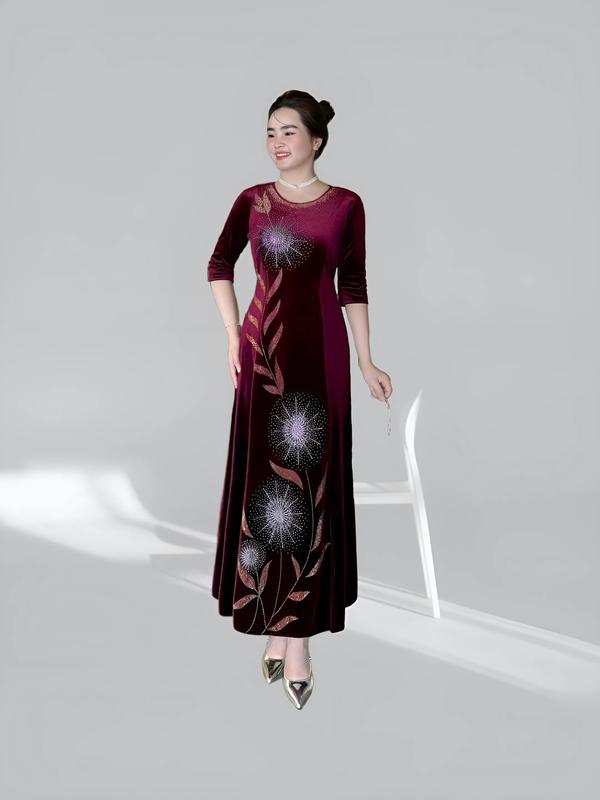  Đầm Trung Niên Dáng Dài N539 Vải Nhung Ép Đá Nhiệt Từ 50-75kg Ôm gọn Thanh lịch Nữ Tua Rua Women Dress Màu Đỏ 