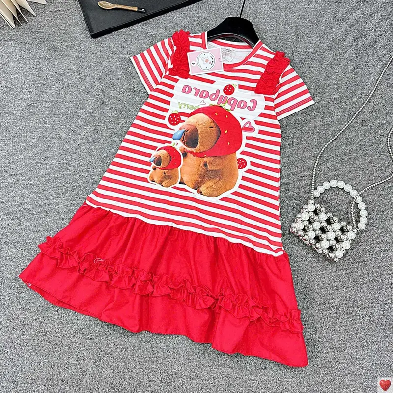 [MinMinKid2] (18-40kg dưới 1m5) Váy thun cotton kẻ sọc in hình BabyThree phối tùng váy đuôi cá NHÚN BÈO cho bé gái 3