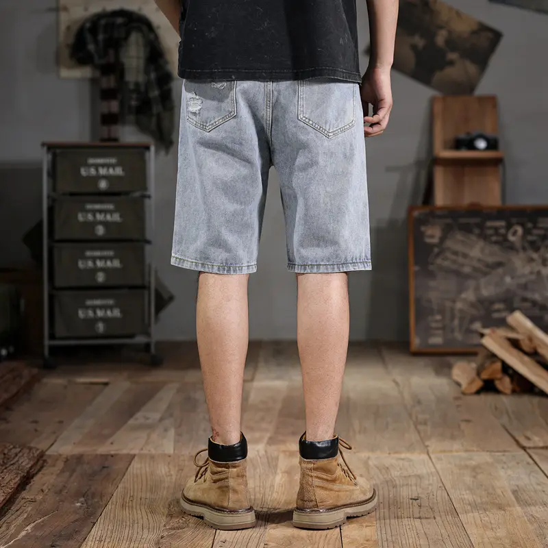 Plus Size Men's Ripped Denim Middle Pants Summer plus-Sized plus-Sized Casual Shorts Loose Korean Style Trendy Fat Shorts
