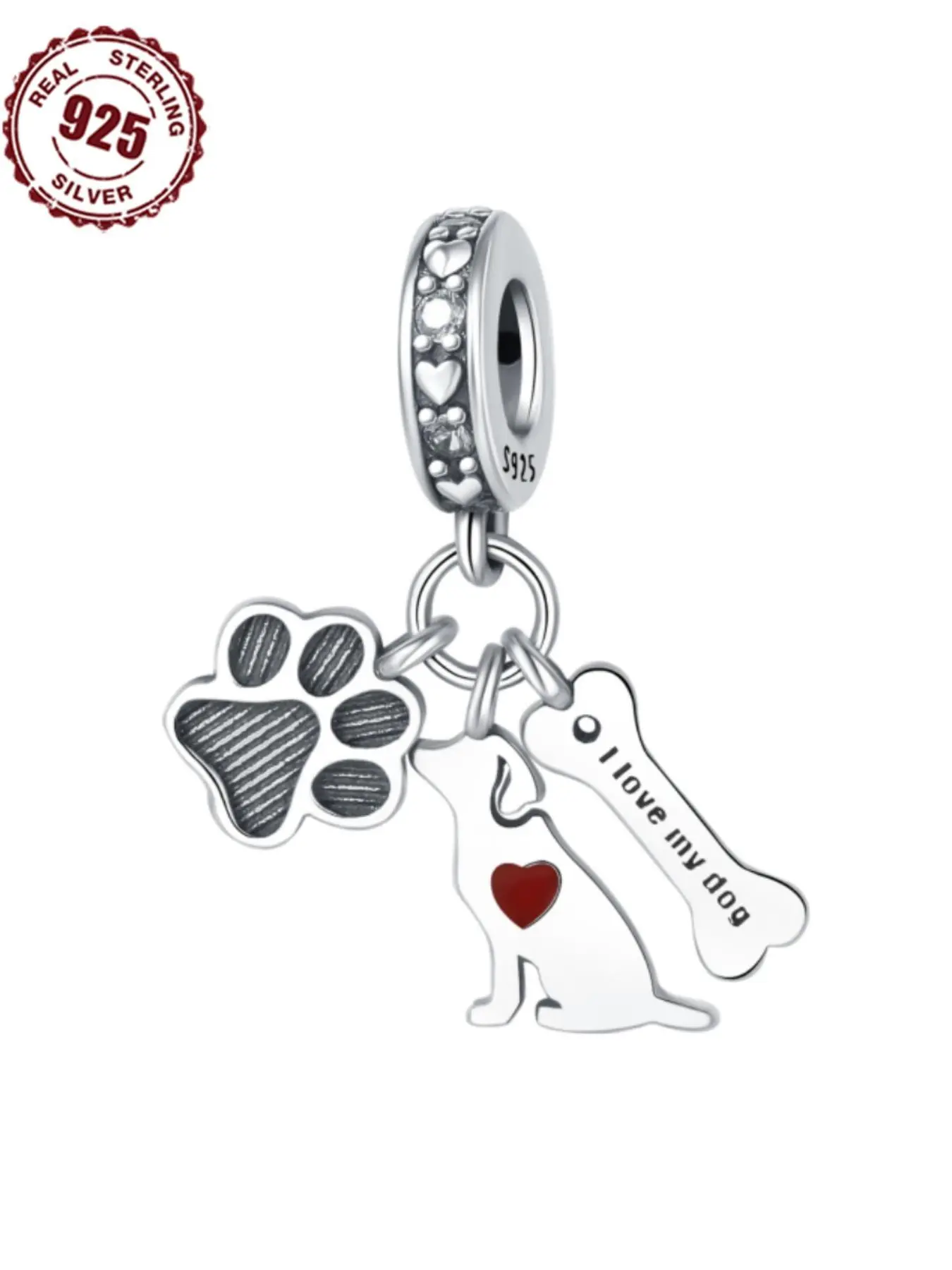 925 Sterling Silver Cute Dog Bone Paw Design Pendant, Pet Paw Design Charm for DIY Bracelet & Necklace, Fashion Jewelry Accessories for Women & Men