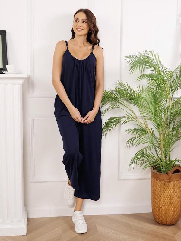 Women's Summer Adjustable Strap Sleeveless Wide Leg Jumpsuit with Pockets, Casual Solid Loose Cami Jumpsuit, Summer Outfits 2024, Jumpsuit for Women, Underwear & Womenswear, Overalls Clothes, Dungarees 4