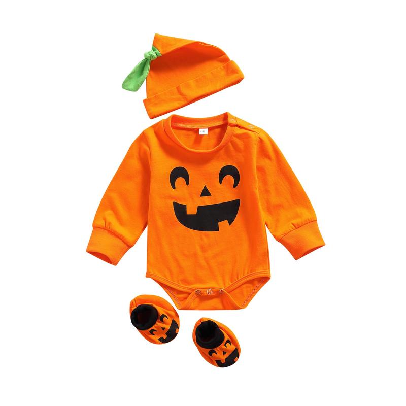 Product Introduction of Newborn Halloween Romper + Hat + Sleeves, Pumpkin Print Long Sleeve Bright Colors Clothing 27