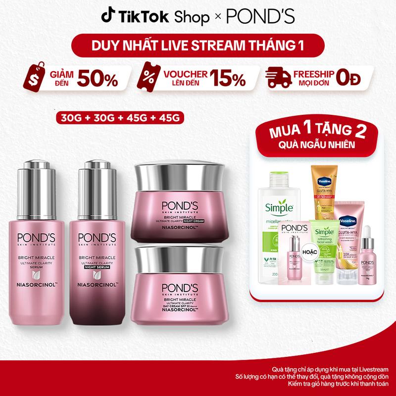 1 Bộ Skincare 2 Serum và 2 Kem Dưỡng Da Ngày & Đêm Pond's Bright Miracle Hỗ Trợ Mờ Thâm Sạm với 50X Niasorcinol 30G+30G+45G+45G Nữ