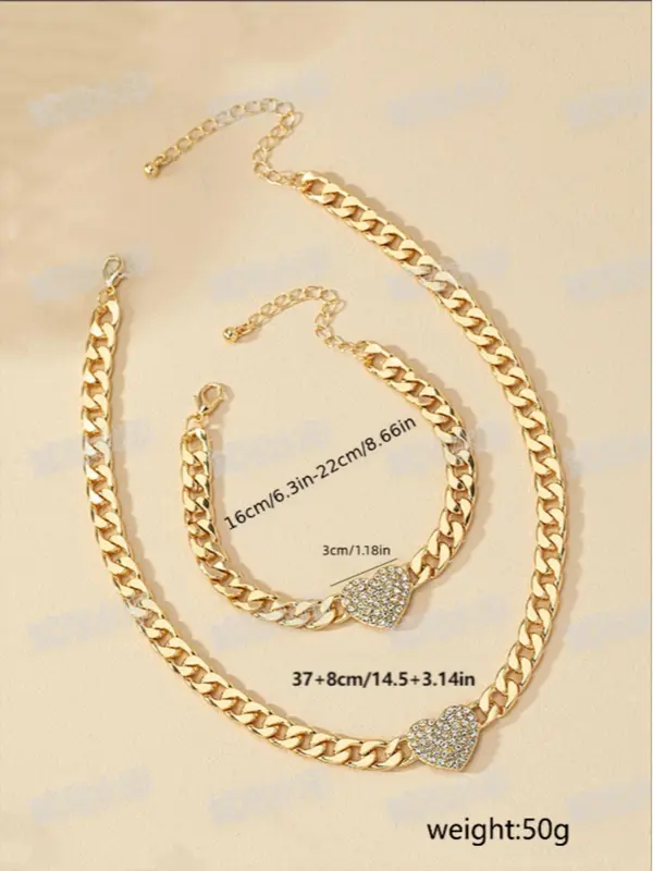Rhinestone Decorated Heart Design Necklace & Bracelet, Fashion Jewelry for Party, Daily Clothing Decor, Trendy All-match & Exquisite Jewelry for Birthday Gift, Valentine's Day, Gift 1