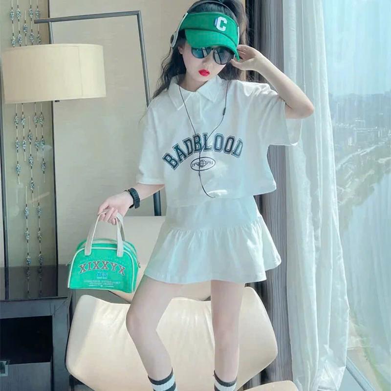 Bộ Áo Thun POLO Kèm Chân Váy Phong Cách Thể Thao Trời Trang Mùa Hè Cho Bé Gái 13-48kg
