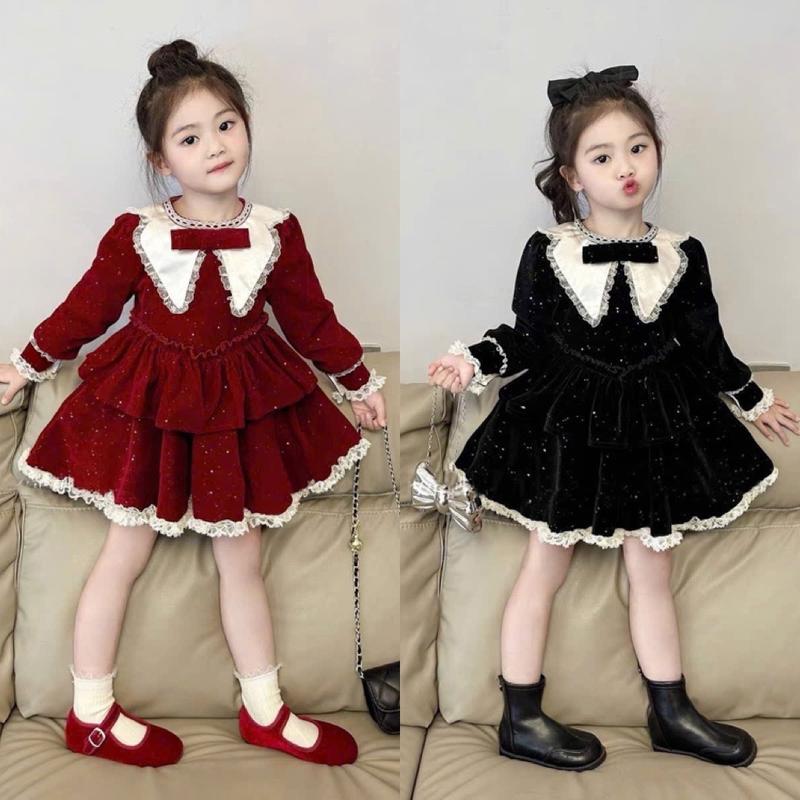 Linhsoan Váy nhung ép nhũ phối ren tầng xinh xắn cho bé gái diện đi chơi noel chơi tết