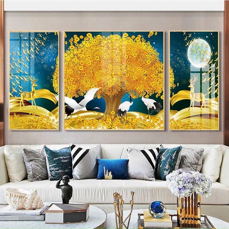  Tranh Tráng Gương Treo Phòng Khách Khổ Lớn 160x80cm Bộ Ba Bức Cây Tiền Tài Lộc 