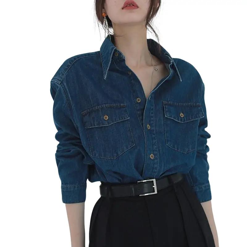 Áo Khoác Sơ Mi Denim, Phong Cách Cổ Điển, Dành Cho Phụ Nữ, Quần Áo Mùa Xuân, Mùa Thu Và Mùa Đông, Váy Băng Quấn, Có Thể Mặc Bên Trong, Thiết Kế Áo Cánh Sang Trọng, Áo Sơ Mi Dài Tay Top Jacket Women Khuy Có Túi Có Cổ