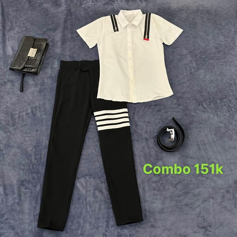 sét quần âu 4 xọc trắng+áo sơ mi nam boy phố chất liệu mềm mát Polo Menswear