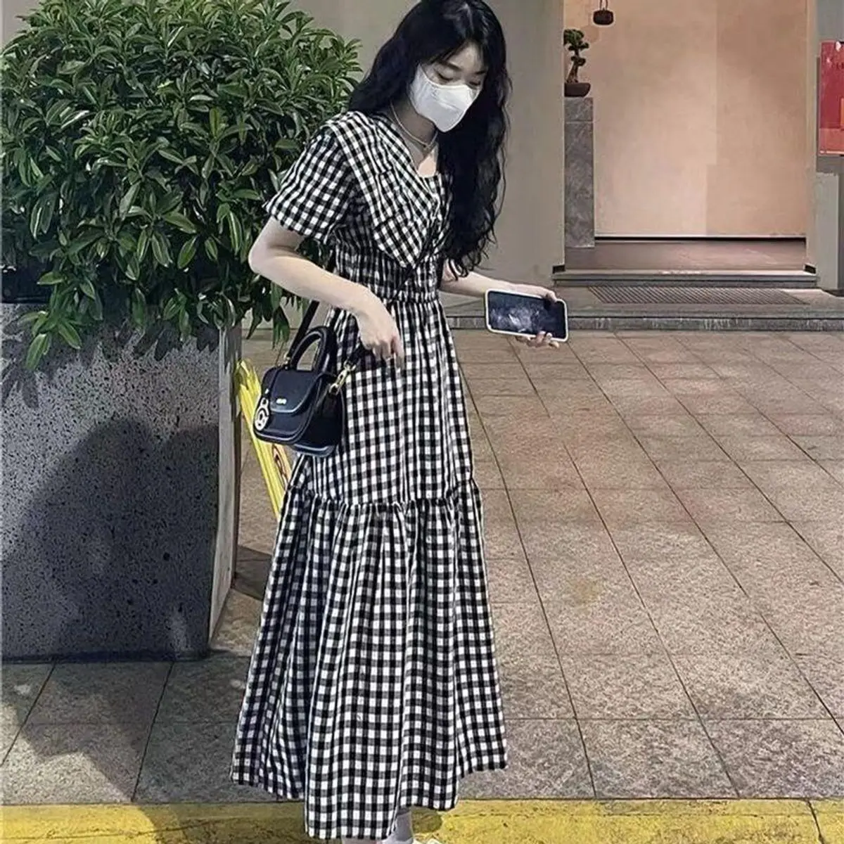 Đầm Babydoll Caro Đen Tay Cánh Tiên Cổ Bèo Dáng Dài Xòe, Váy Suông Kẻ Caro Tay Búp