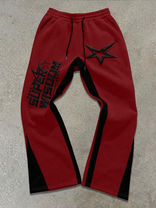 Men's Colorblock Star & Letter Print Drawstring Waist Pants, Regular Fit Street Fashion Pocket Trousers for Fall & Winter, Men's Bottoms for Daily Wear 4