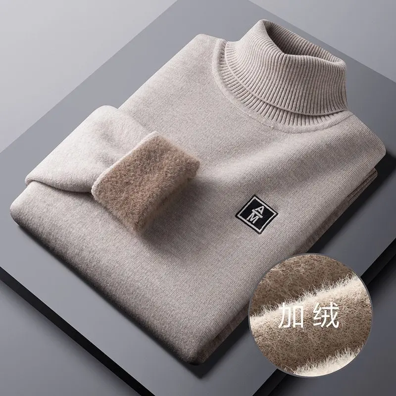 High-End Long Sleeve Mock Neck Sweater Men's Autumn and Winter Fleece-lined Thickened Boy's Undershirt Leisure Warm Knitwear Single-Layer Fleece-Lined Shirt Menswear