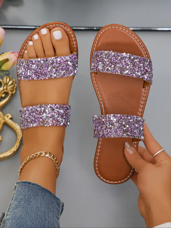Women's Fashion Glitter Rhinestone Decorated Slide Sandals, 1 Pair Casual Open Toe Sandals for Summer, New Trend All-match Sandals for Daily Wear 0