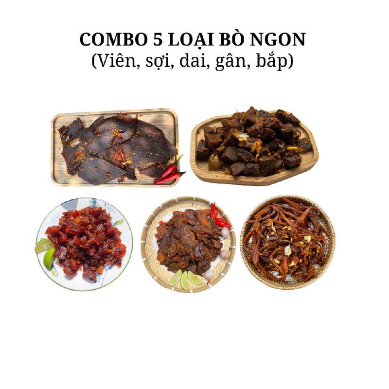 Combo 5 loại khô bò, mỗi gói 100g (tổng cộng 500g), bò cục cháy tỏi, bắp hoa, gân sấy dẻo, bò dai cháy tỏi, bò sợi cháy tỏi, Snack ăn vặt