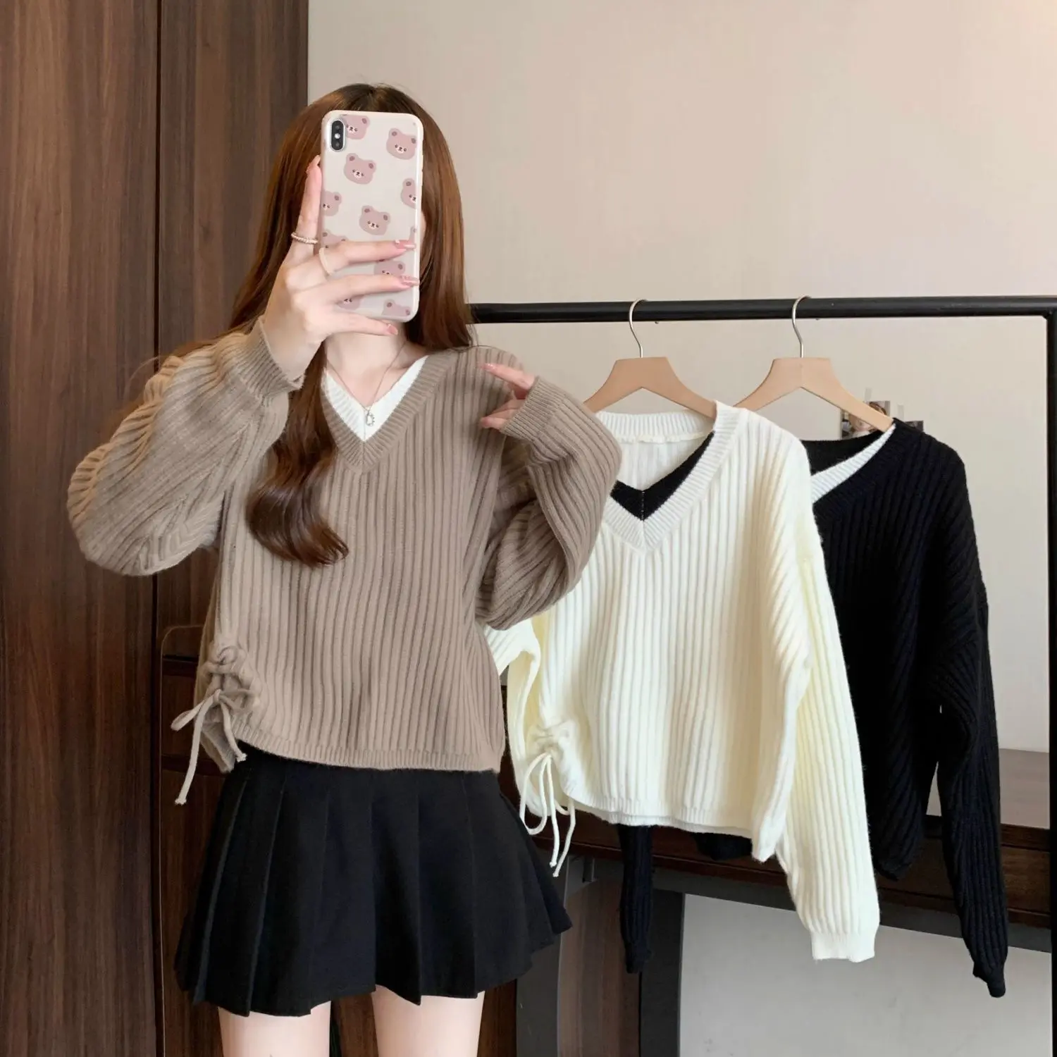 Đồ Len Cho Nữ, Thời Trang Thu Đông Mới, Dễ Phối Đồ Viền Cổ Chữ V, Dài Tay, Giả Hai Lớp, Áo Len Dây Rút, Thời Trang, 2025