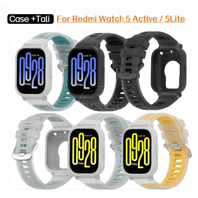 2 in1 Combo Casing + Tali Silikon for Redmi Watch 5 Active /untuk Redmi Watch 5 Lite Tali Karet Lembut Anti-Keringat Transparan Dua Warna +Bumper Case
