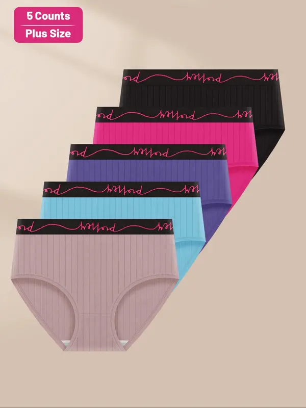 【Plus Size】 Colorblock Letter Tape Mid Waist Briefs, Soft Comfy Breathable Panty for Daily Wear, Women's Underwear for All Seasons 3
