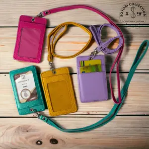 id card holder lanyard kulit name tag warna warni