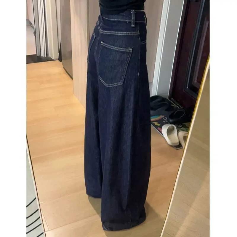 Dark Blue High Waist Wide Leg Jeans Women's Small Hot Girl Retro Loose Slimming Straight Pants Mop Trousers Fashion