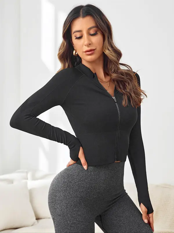 Women's Plain Zip Up Raglan Sleeve Sports Jacket, Sporty Long Sleeve Round Neck Outerwear for Gym Workout Running, Ladies Sportswear for All Seasons 2