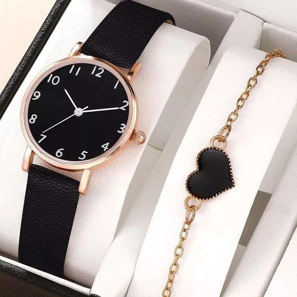 ABL558 - Jam Tangan Wanita Model Bulat Set dengan Gelang Cantik kulit quartz Watches