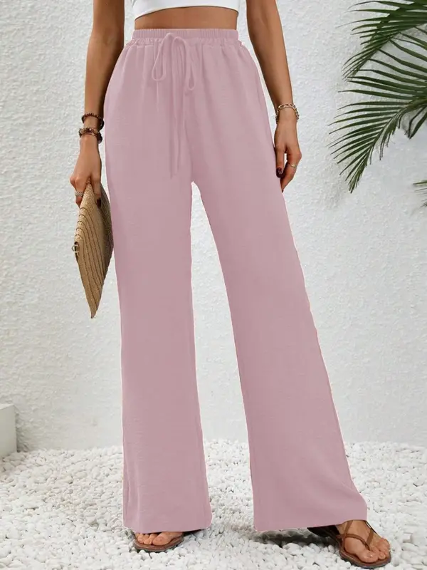 Women's Solid Color Pocket Wideleg Pants, Casual Loose Comfy Drawstring Waist Trousers for Summer, Women's Bottoms for Daily Wear, Womenswear, Wide Legged Pants, Casual Chic Bottoms, Casual Fashion Trousers 4