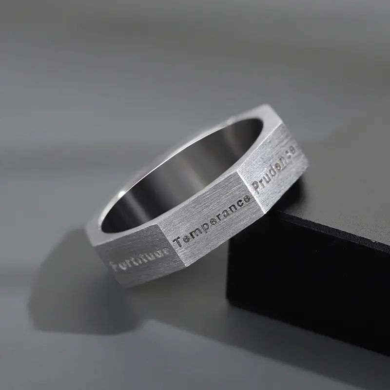 Multi-Sided Seven Virtue Ring Men's Trendy Unique Index Finger Tail Ring Men's Single Ring Brushed Letter Open Ring