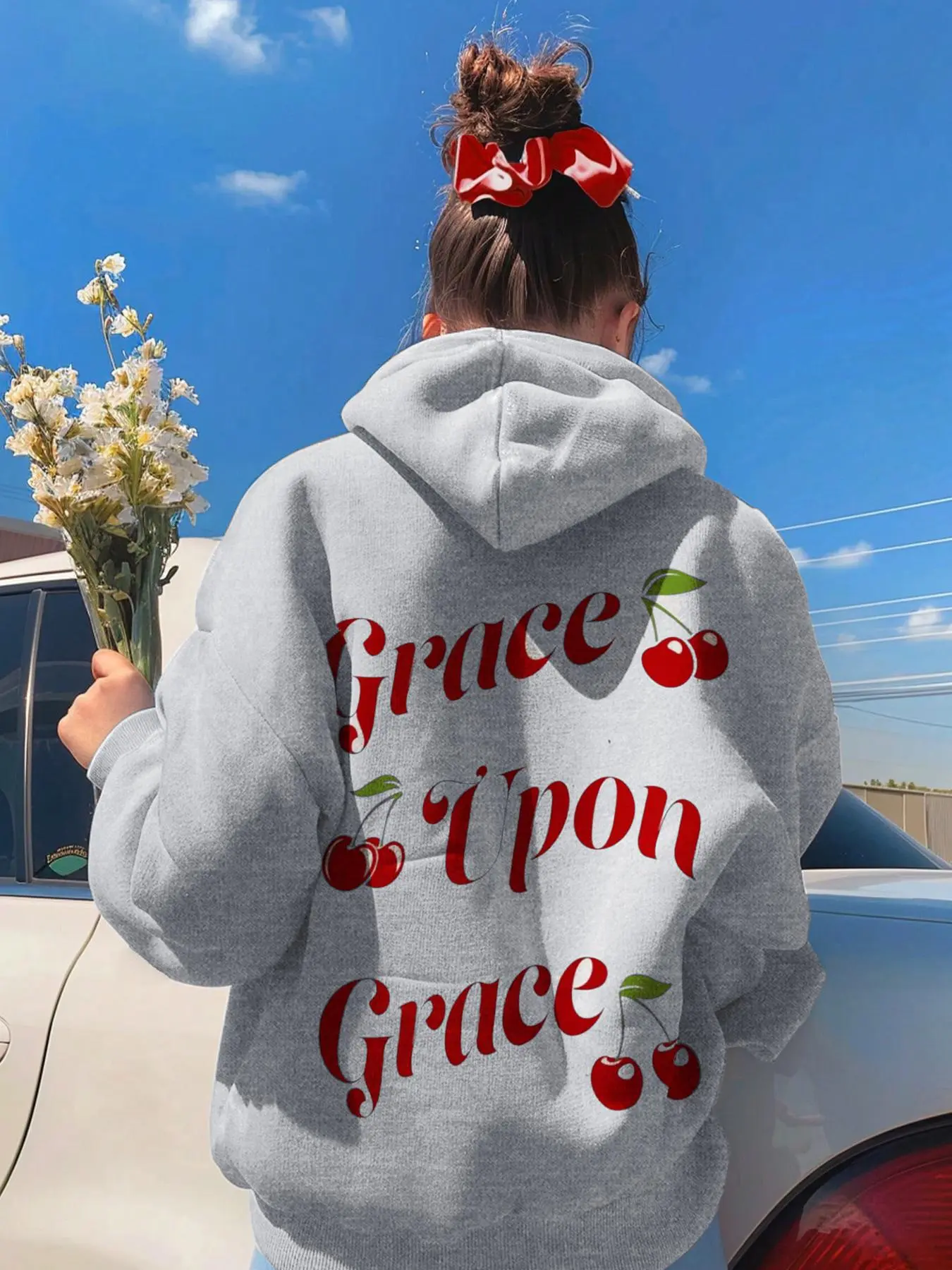 Women's Cherry & Letter Print Hoodie, Fashion Casual Hooded Sweatshirt for Daily Holiday Outdoor Wear, Ladies Clothes for Fall & Winter