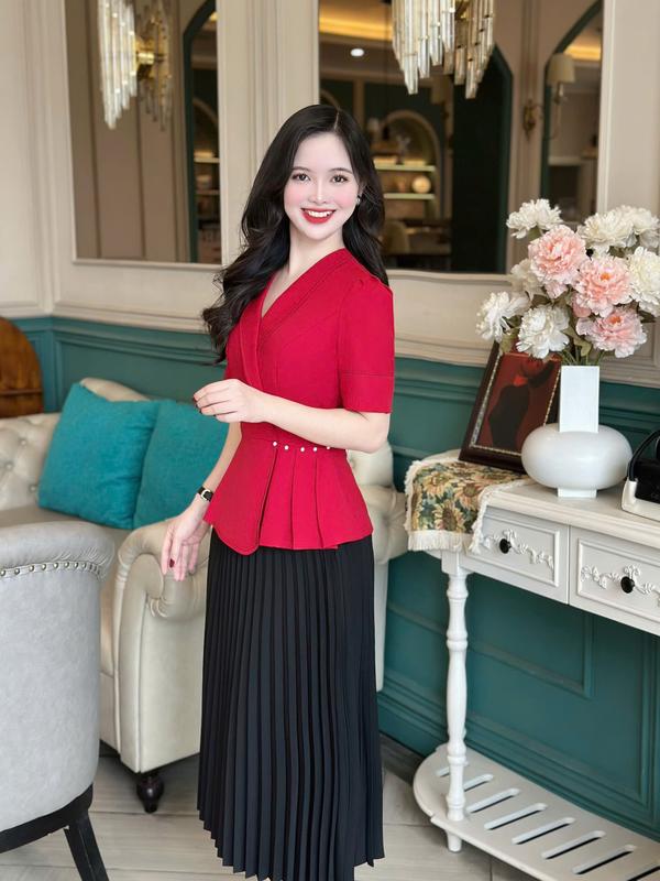 Áo peplum thiết kế Nhật Vy cổ vest tay ngắn chiết eo chất lụa công sở dự tiệc - D3210 5