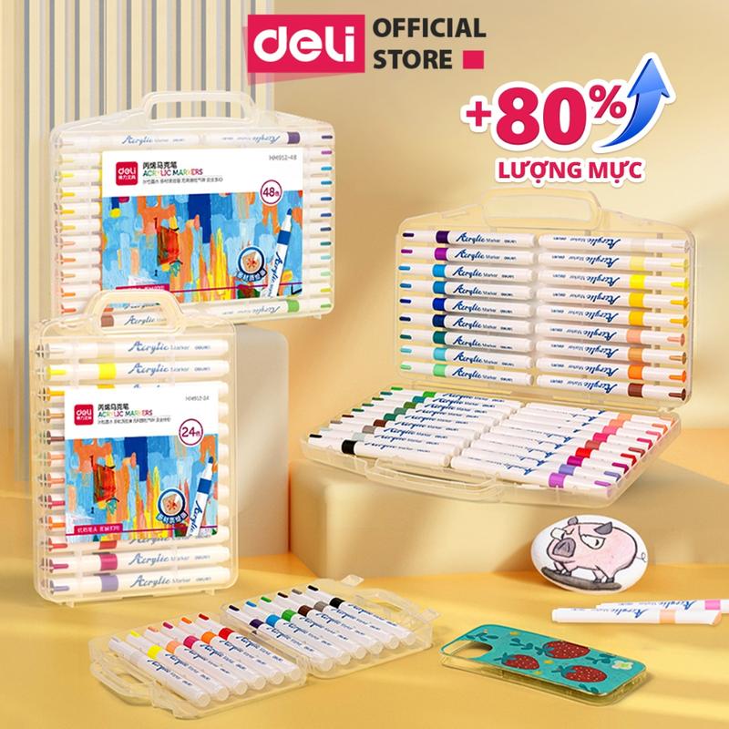 Bút màu sơn Acrylic Marker Deli - Hộp Nhựa có quai xách tiện dụng - 64 Màu đậm, đều, chống thấm nước tô màu đi nét DIY vẽ giày quần áo