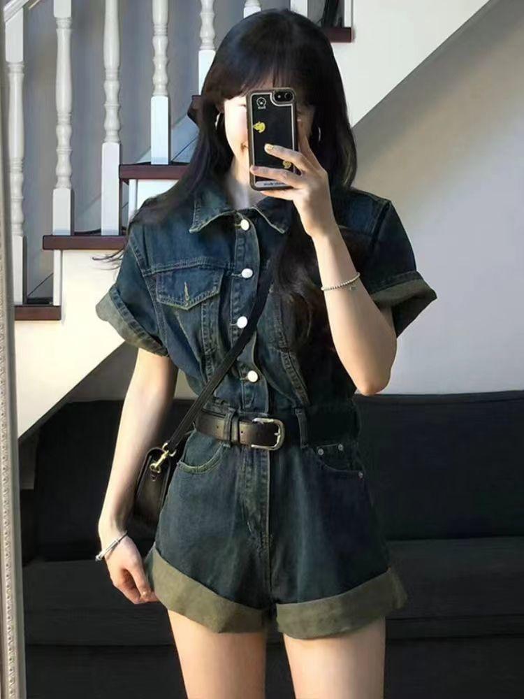 Product Introduction of Áo Jumpsuit Quần Denim Cổ Điển Mỹ Bộ Sưu Tập Người, Nữ Mùa Hè, Thiết Kế Mới, Bó Sát Eo, Bó Sát, Thời Trang, Bộ Đồ Ngắn Thường Ngày Một Mảnh, 4302 11