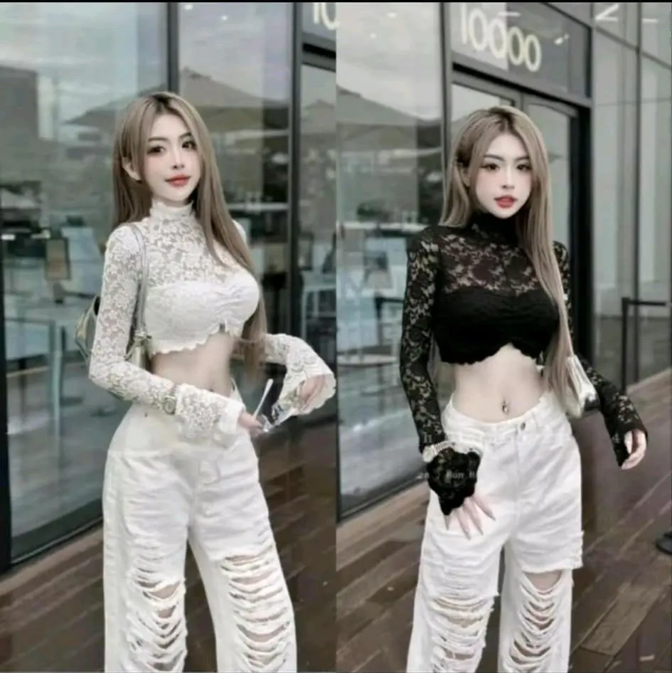 Áo ren cổ lọ form croptop tay loe, có mút ngựcc xinh