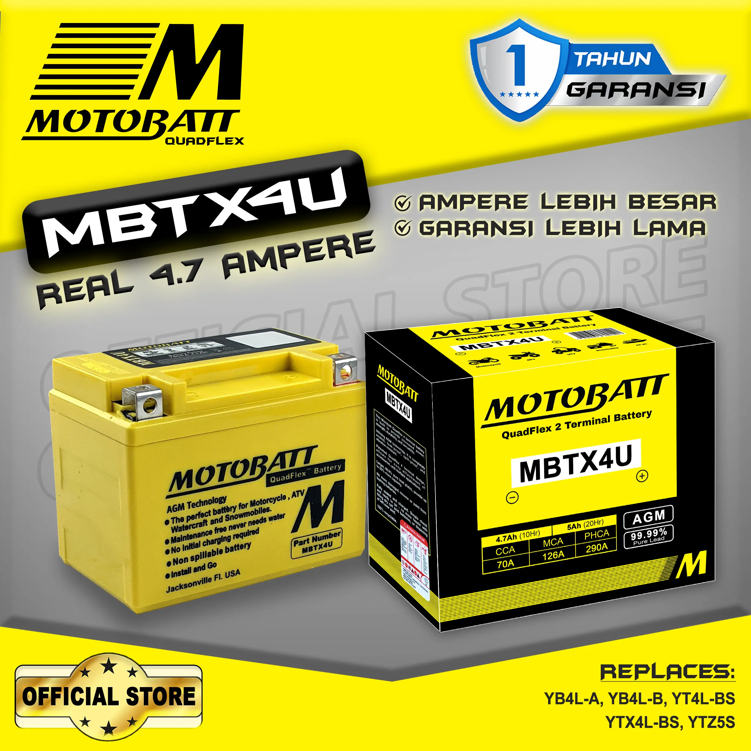 Motobatt Quadflex MBTX4U - 4.7Ah (Garansi 1 Tahun)