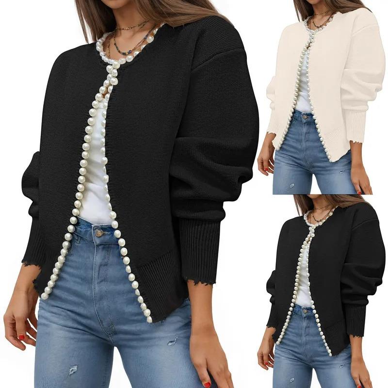 TikTok Shop New Stylish Style Sweater Women s Knitted Open Cardigan Comfortable Simple Comfortable Long Sleeve Pearls Design Tops Girls Cotton Jacket