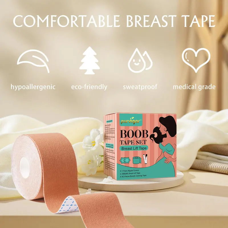 Breast Lift Tape Set, Including 1 Pair Covers, 25ft Boob Lift Tape and 40pcs Body and Clothing Tape, Breast Lift Tool for Women, Breast Care Product for Daily Use 2